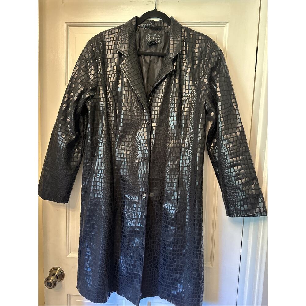 Selene Sport Faux Crocodile PVC Vinyl Jacket Large Black Lined VTG Trench
